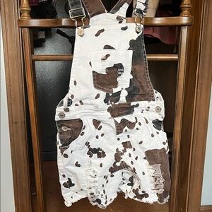 Cow Print Distressed Overalls